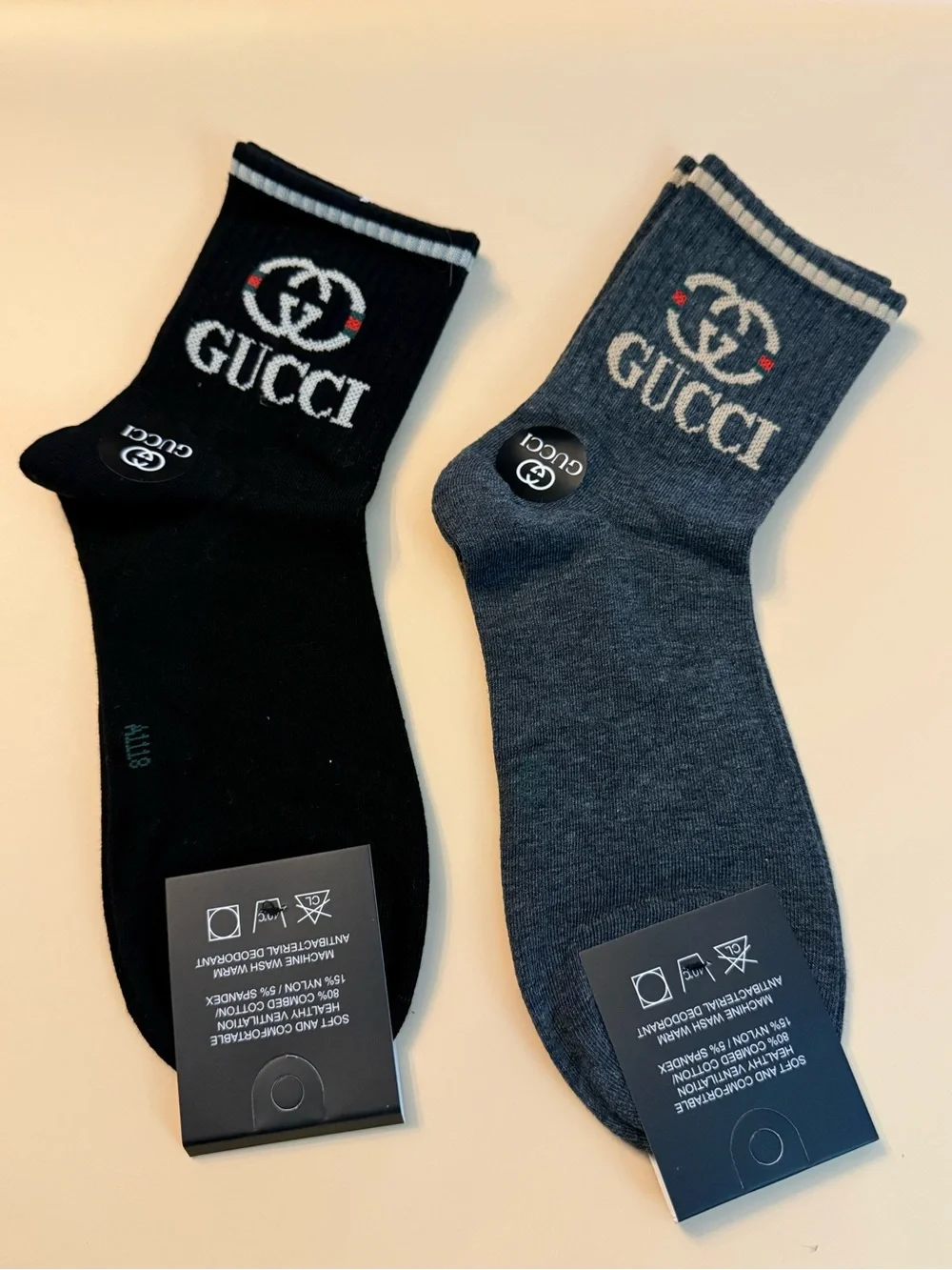 TWO pairs G G luxury crew-length socks medium black and dark grey unisex NEW